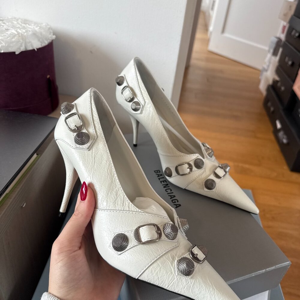 NWT Balenciaga Cagole Pointed Toe Pumps 90mm White Leather Stiletto Heels Sz 41 - Picture 4 of 9